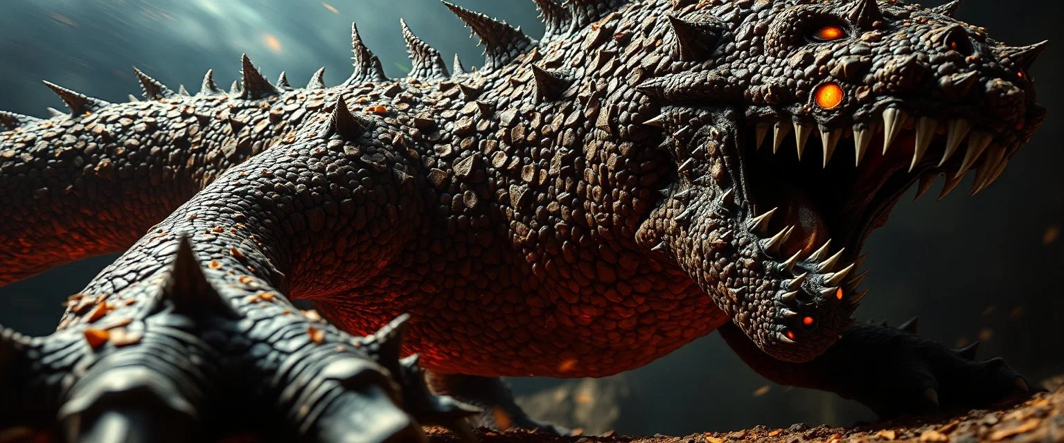 master oil painting by Rembrandt, good afternoon Scalevein "A massive monster whose entire body is patterned with jagged, vein-like scales, each scale pulsing slightly, with serrated spines protruding from limbs, eyes glowing from the intricate patterns, leaving scale fragments behind as clues, terrifyingly alive." pin hole cam picture, twisted perspective, goa trance music poster, awake within a psychedelic mushroom dream, with some motion blur background, and hyper depth perception layout