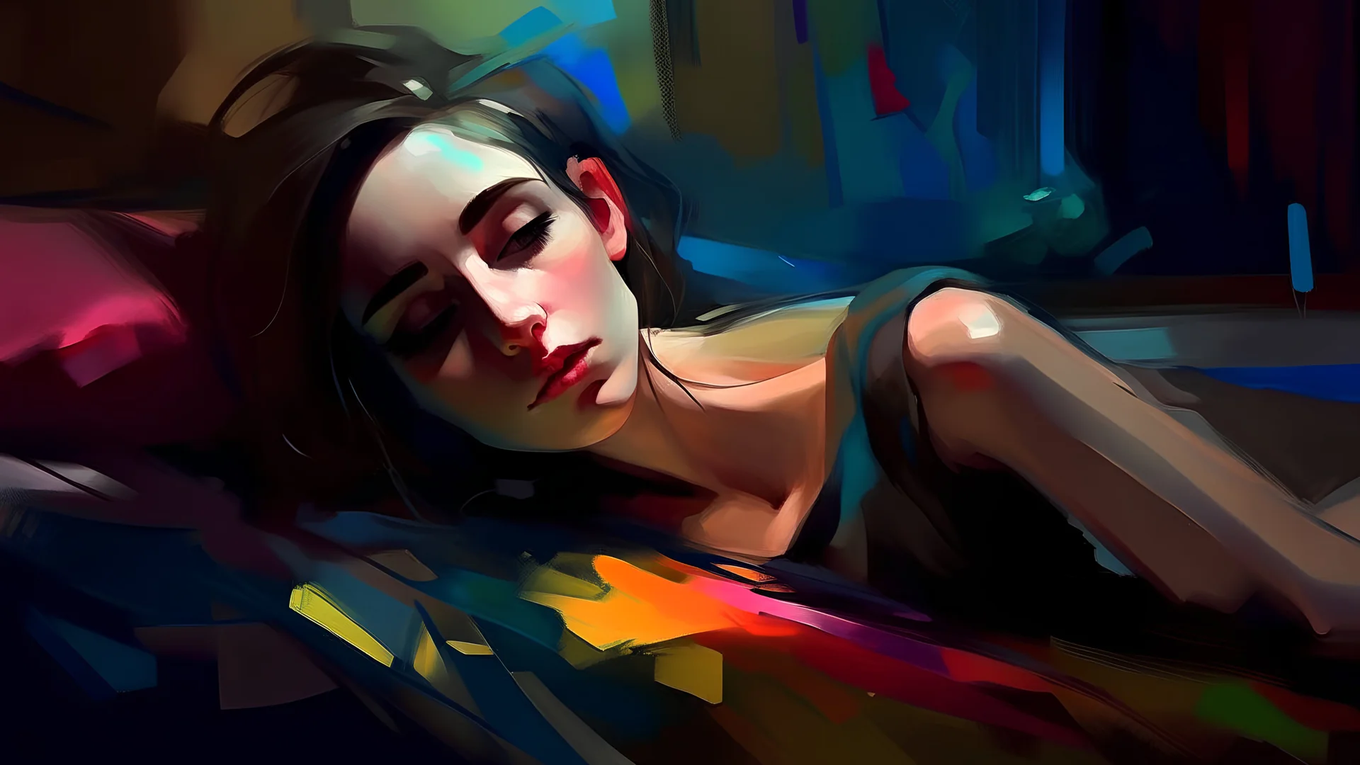 digital painting, A clothed female figure lying on her side, with a pained expression on her face. The background is blurred and appears to be a dimly lit interior space, bold and slim lines, brush strokes