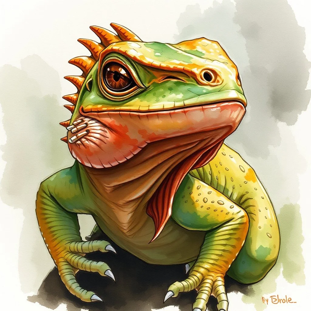 dnd, fantasy, watercolour, humongous strokes, stylistic, portrait, illustration, anthropomorphic lizard