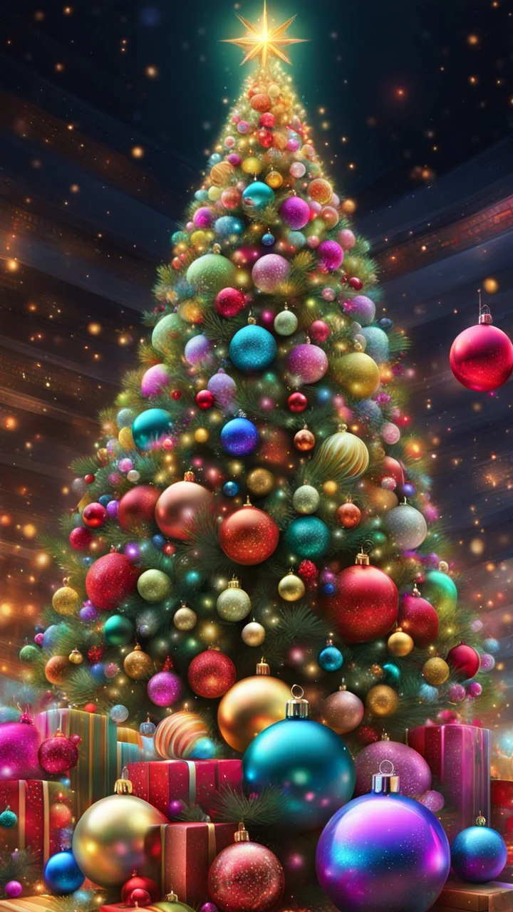 Arte digital hermoso árbol de navidad coloreado, maximalista, calidad ultra, hiperdetallado, 12K