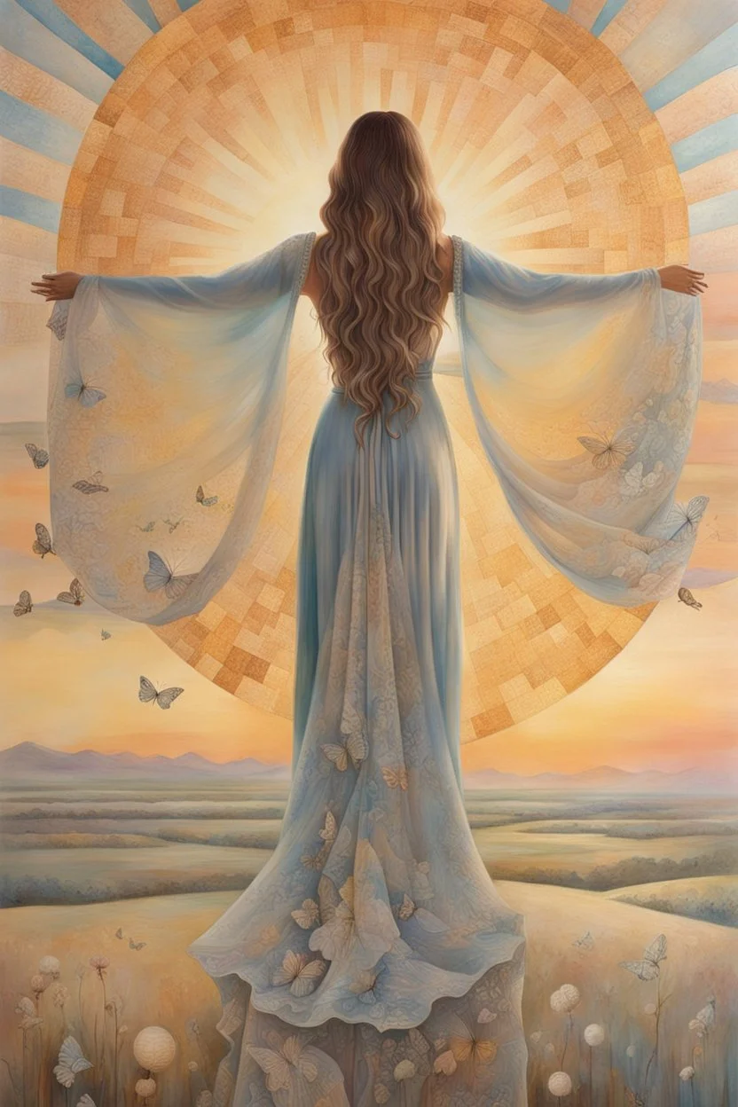 back view of a woman in a long dress with straps, long hair, arms outstretched, welcoming the rising sun, beautiful painting, textures, pastel colors, vintage, pale sky, rising sun, light globes, butterflies, gratitude, stunning image