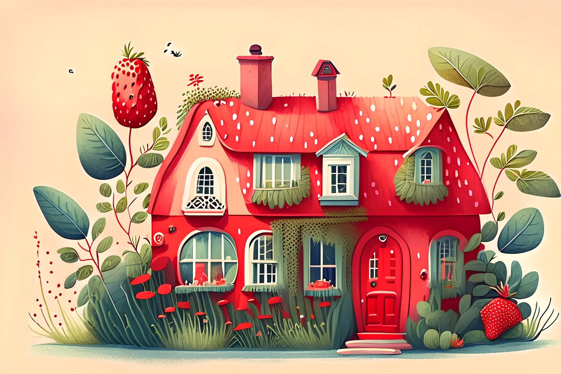 House illustration, realistic, detailed, illustrative, childrenbook style, Red house, cute plants, straberry