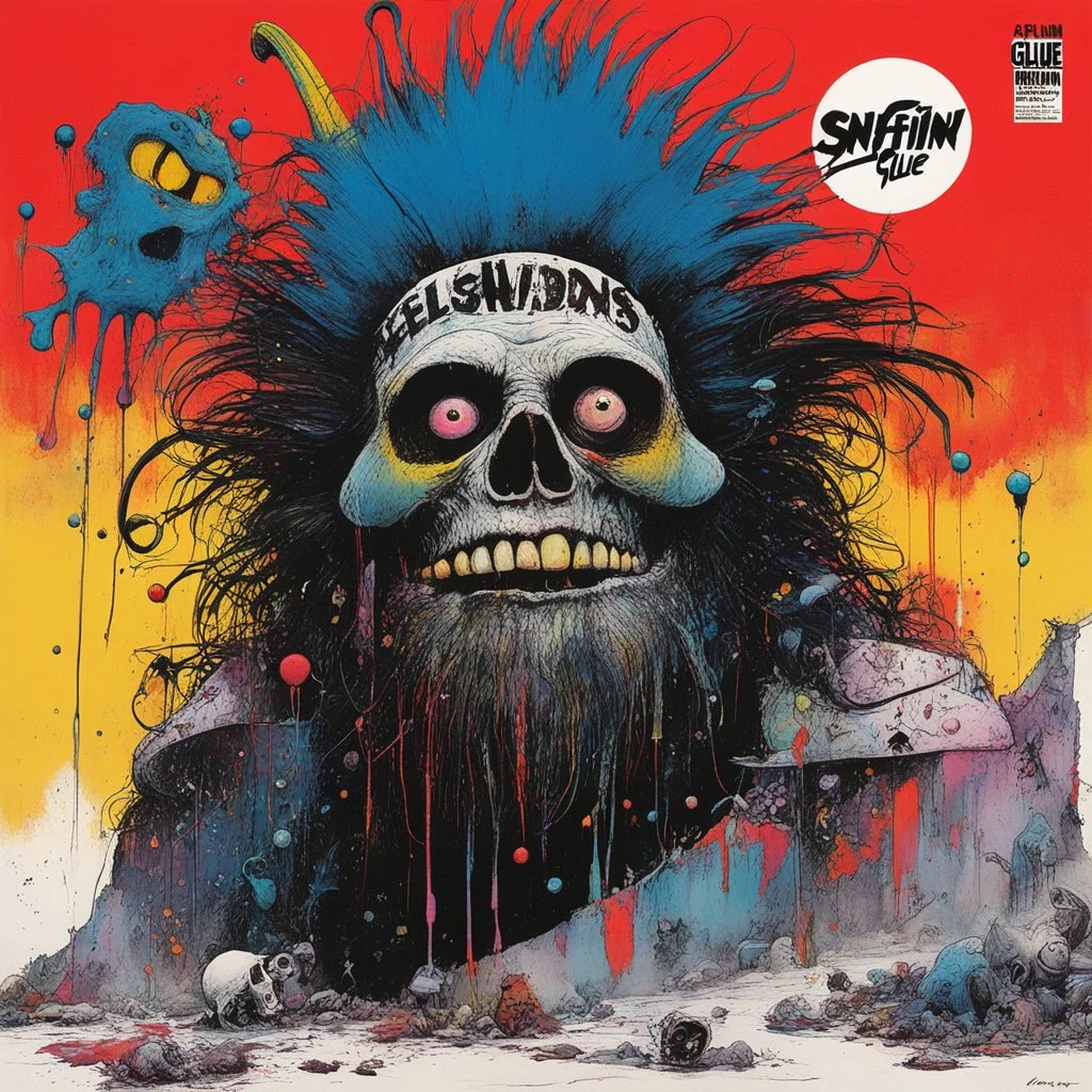 SNFIIN'GLUE album cover by Ralph Steadman for Aardschok(nl) and MetalHammer mag, guest star: undead semi leech glitched acid trip by Mil Mascaras