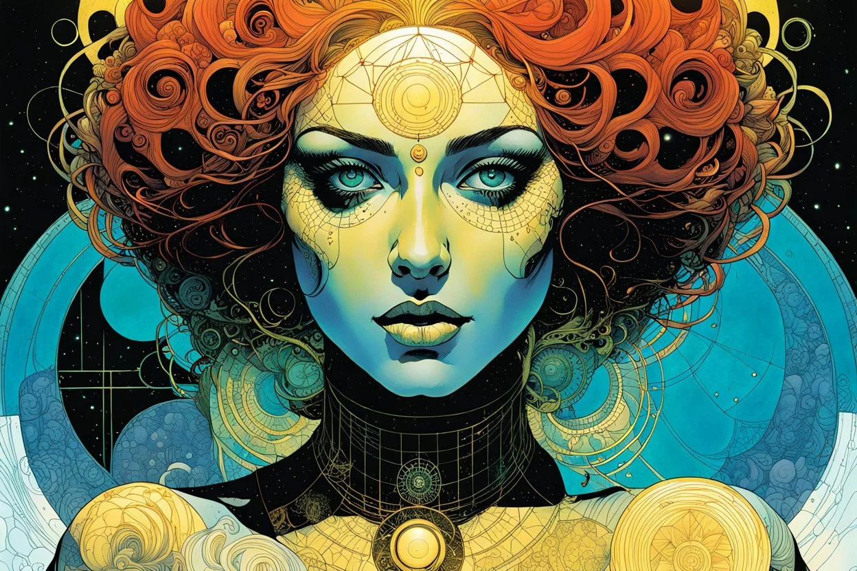 create an ethereal, otherworldly psytrance woman, her body formed utilizing sacred geometry, Fibonacci sequence, golden ratio, in the comic book art style of Mike Mignola, Bill Sienkiewicz, and Jean Giraud Moebius, with highly detailed and finely inked facial features , dramatic natural lighting