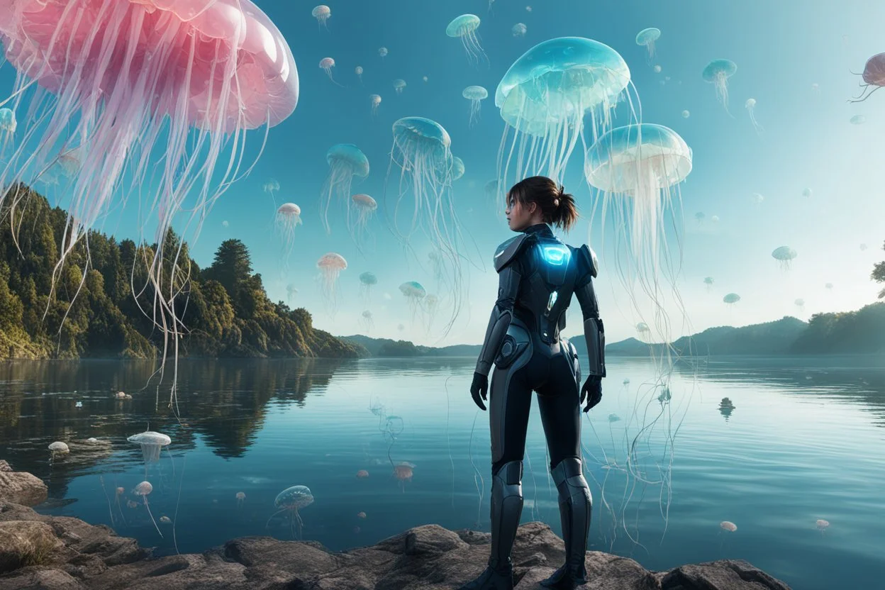 A young woman in an android suit, standing next to a lake, with many jellyfish floating through the air.