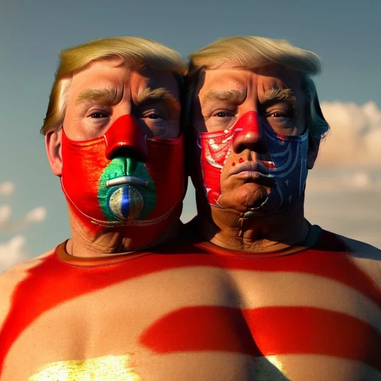 Realistic image of Donald trump wrestler, Mexican wrestling style, Mexican wrestling mask, chin and nose visibles, red and blue breeches, glow us flag dress, suspenders, retro style, 80s, vibrant color, highly detailed, sky background, concept art, unreal engine 5, god rays, ray tracing, RTX, lumen lighting, ultra detail, volumetric lighting, 3d, finely drawn, high definition, high resolution.