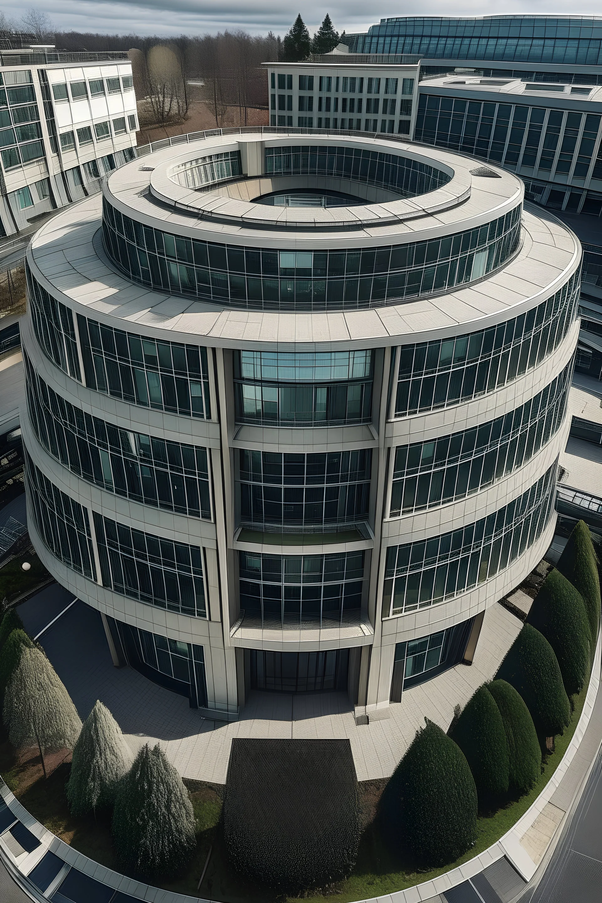 A semi-circular building with only 2 levels, in a 30-degree perspective in aerial view, where floor-to-ceiling windows on the second floor can be seen.