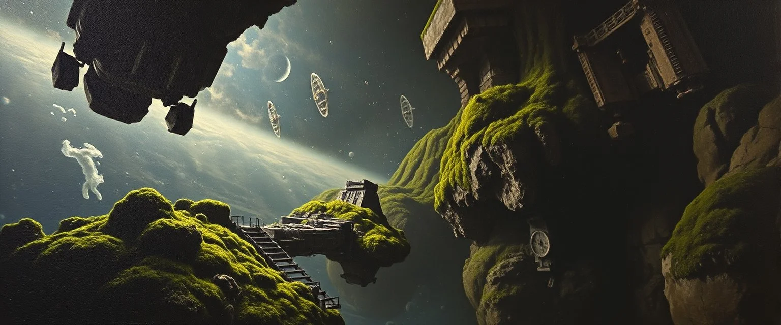 master oil painting by Rembrandt, moss covered space station, brightened edges to give a sense of depth