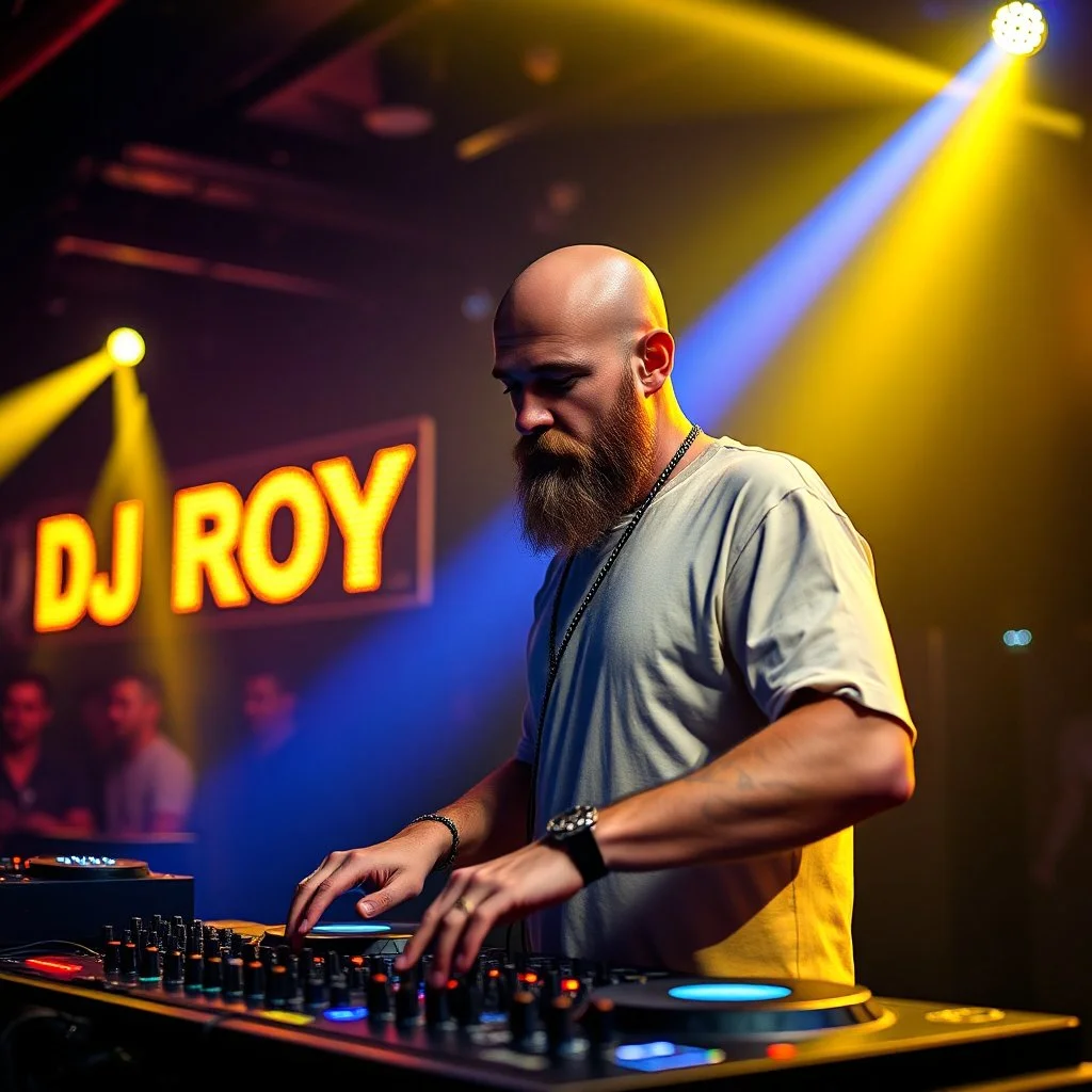 A dj on a night rave club standing mixing songs , he looks like Bryan Cranston kinda, bald with beard. strobes and blue yellow light, a big sign with "DJ ROY" in the background, this is a album cover for his dj roy assentials album.