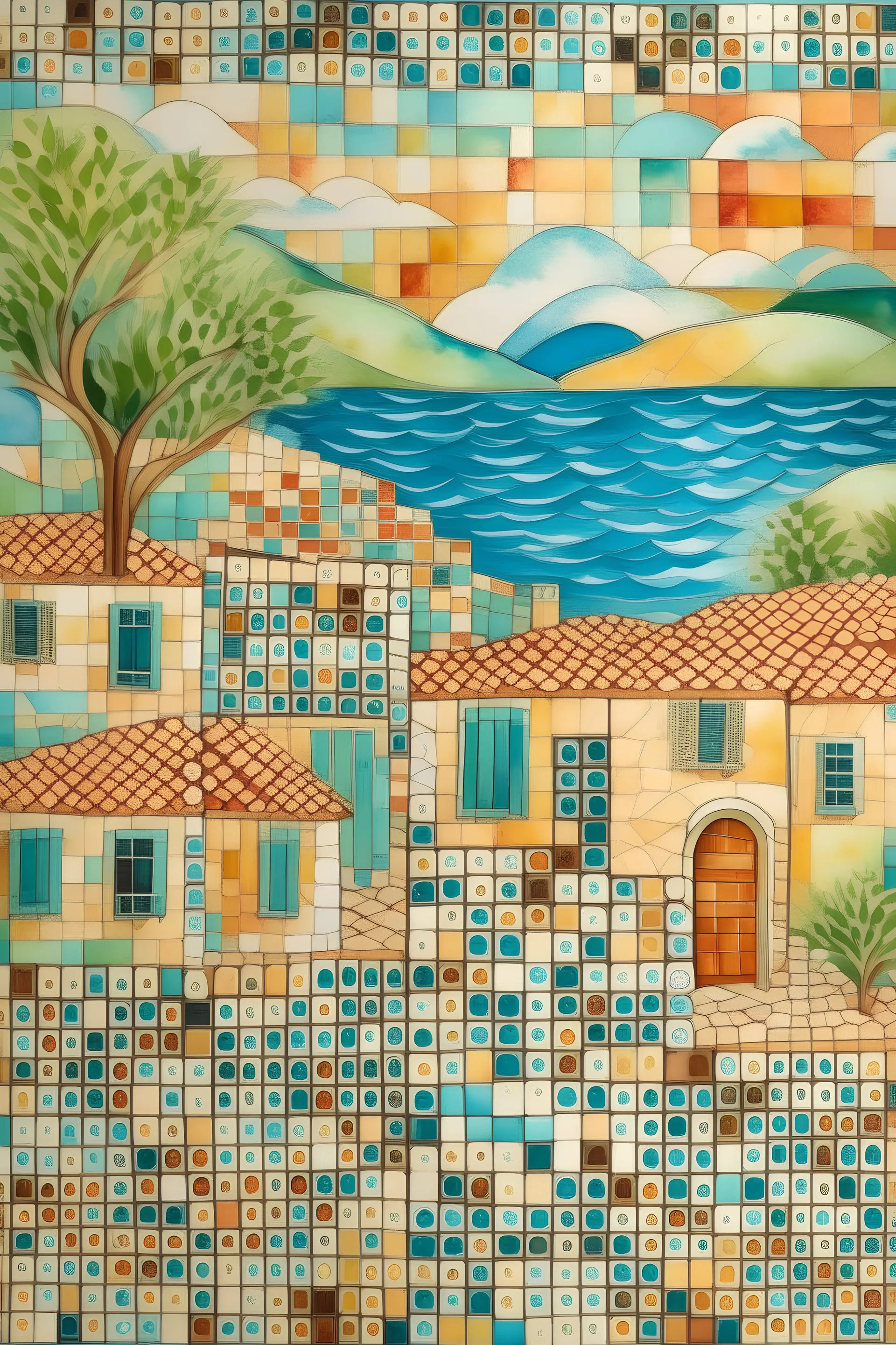 Create a hand-painted muraL with a mosaic of small squares in Mediterranean hues, invoking a sense of coastal charm and warmth