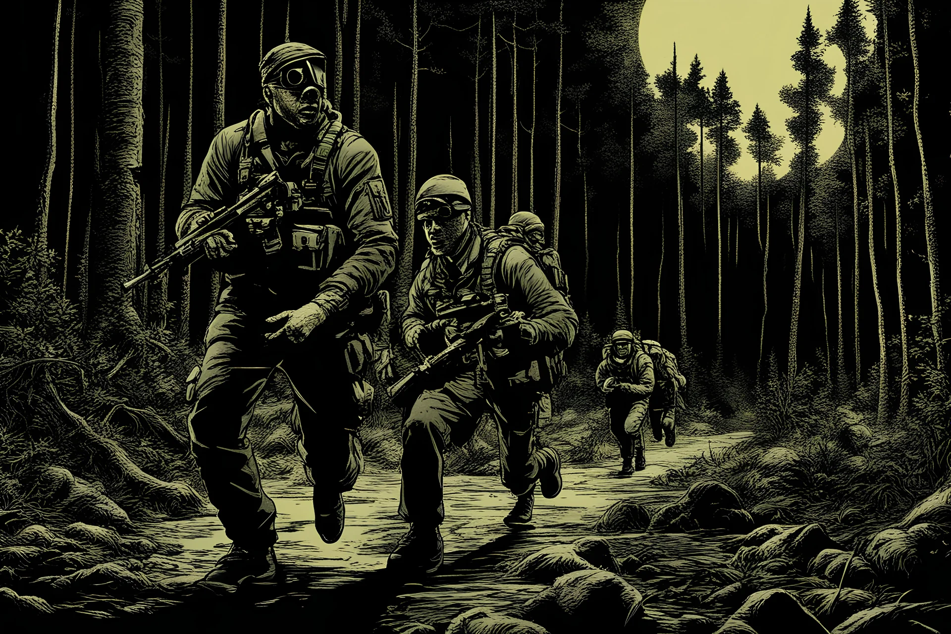 man holding a nightvision camera while being chased by mercenaries in the woods at night