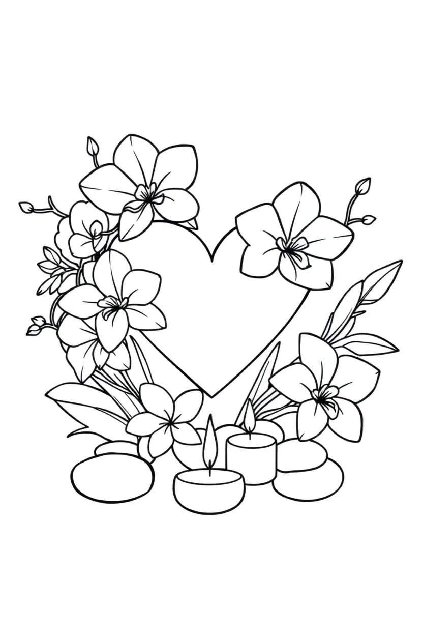 outline art for visually rich appealing heart ikebana orchids plumeria spa rounded stones around candles, coloring page for kids, white background, fit to page, only use outline, clean line art, no shadows, clear and well outlined