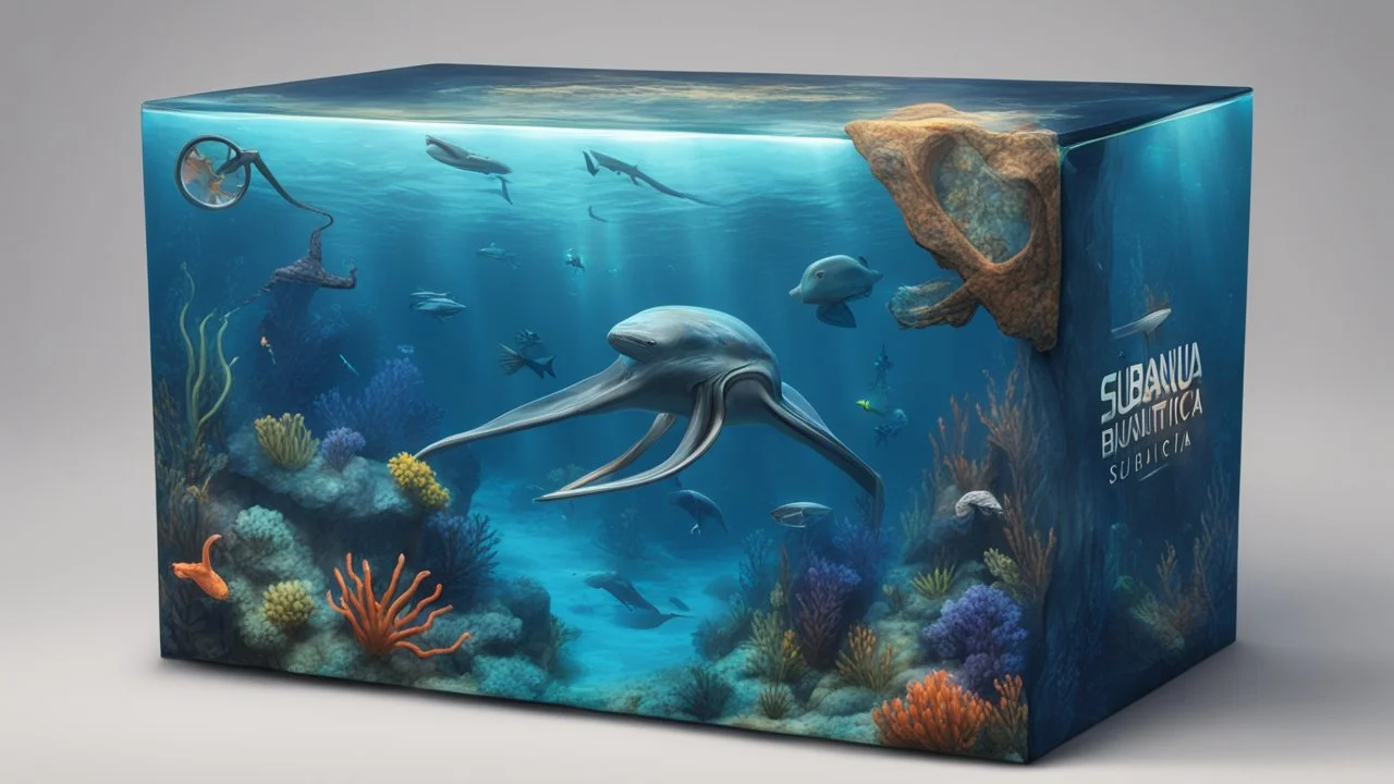 subnautica box with a drawn biom and creatures from a deep ocean on the box, leviathan ,kyanite ,very realistic