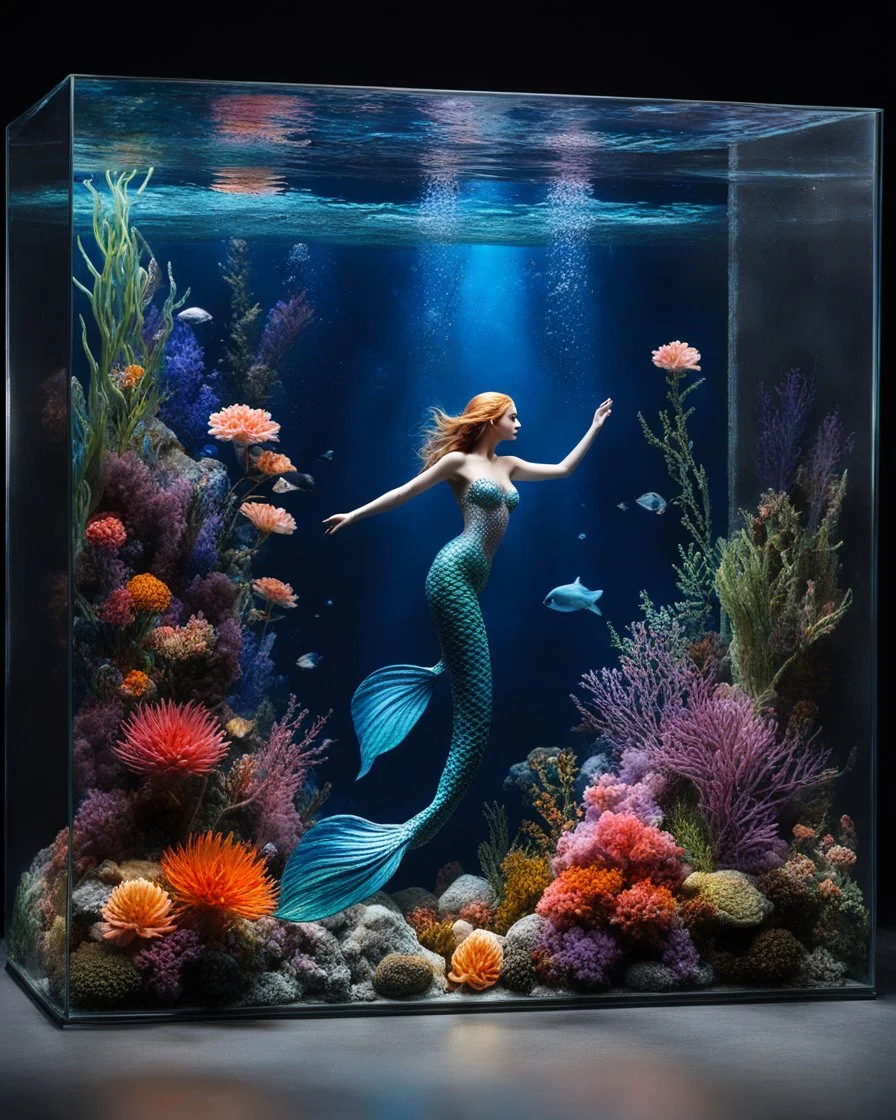 an beautiful mermaid swimming in glass box aquarium on a display,glass flowers, high quality product image ,coral reef, flora and fauna, cosmic nebula, dark background christian dior style, with frozen flowers around her, stunning-design, beutifull, side profile artwork, glass paint, multicoloured, displayed, backlight