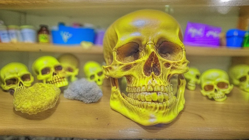 a picture of a dark, comedic, anatomically correct skull of a smiley face, photo realistic, highly detailed, yellow, old, part of a collection of bones on display on a scientists shelving