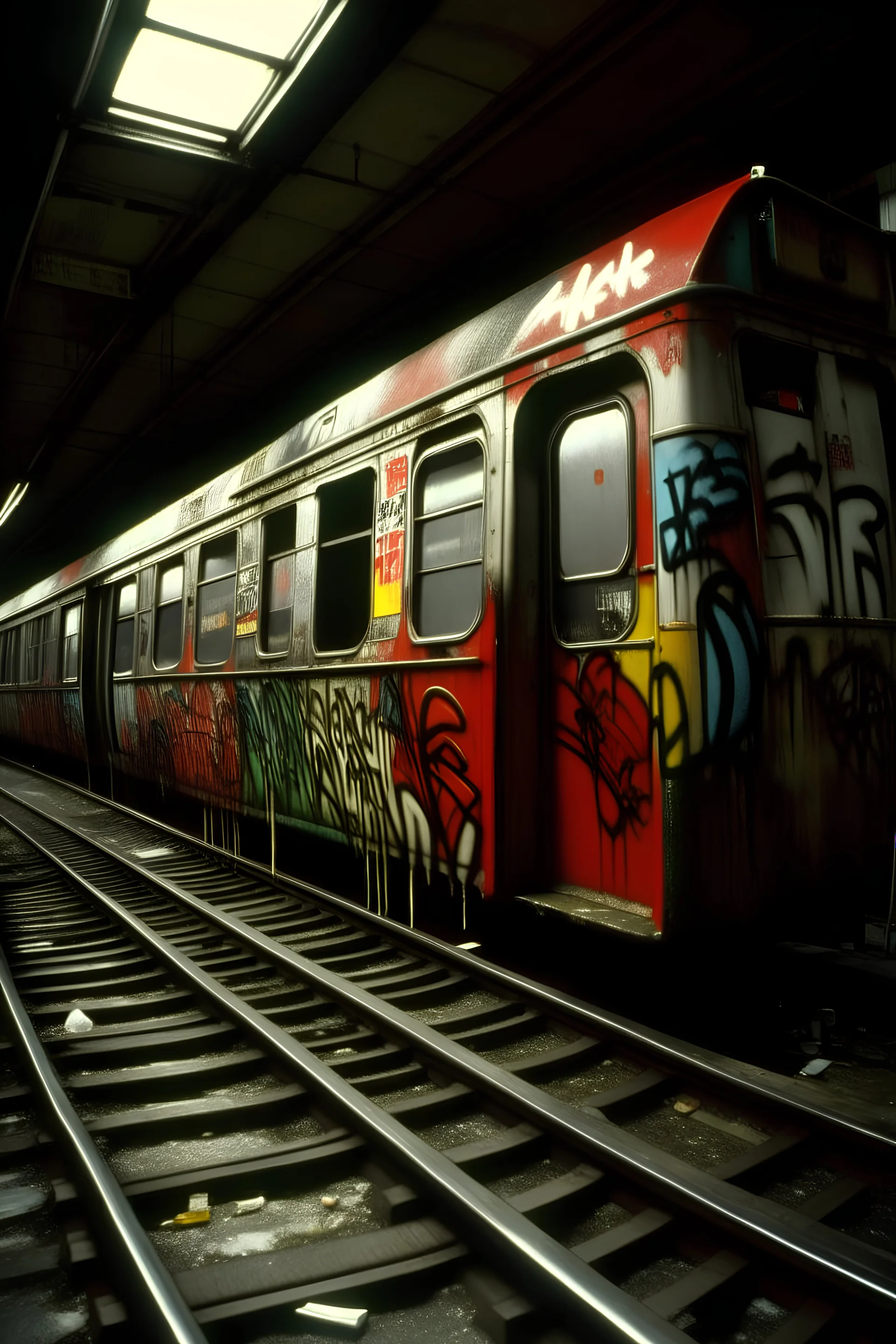 New York subway covered in graffiti around 1980 spelling the word Eras