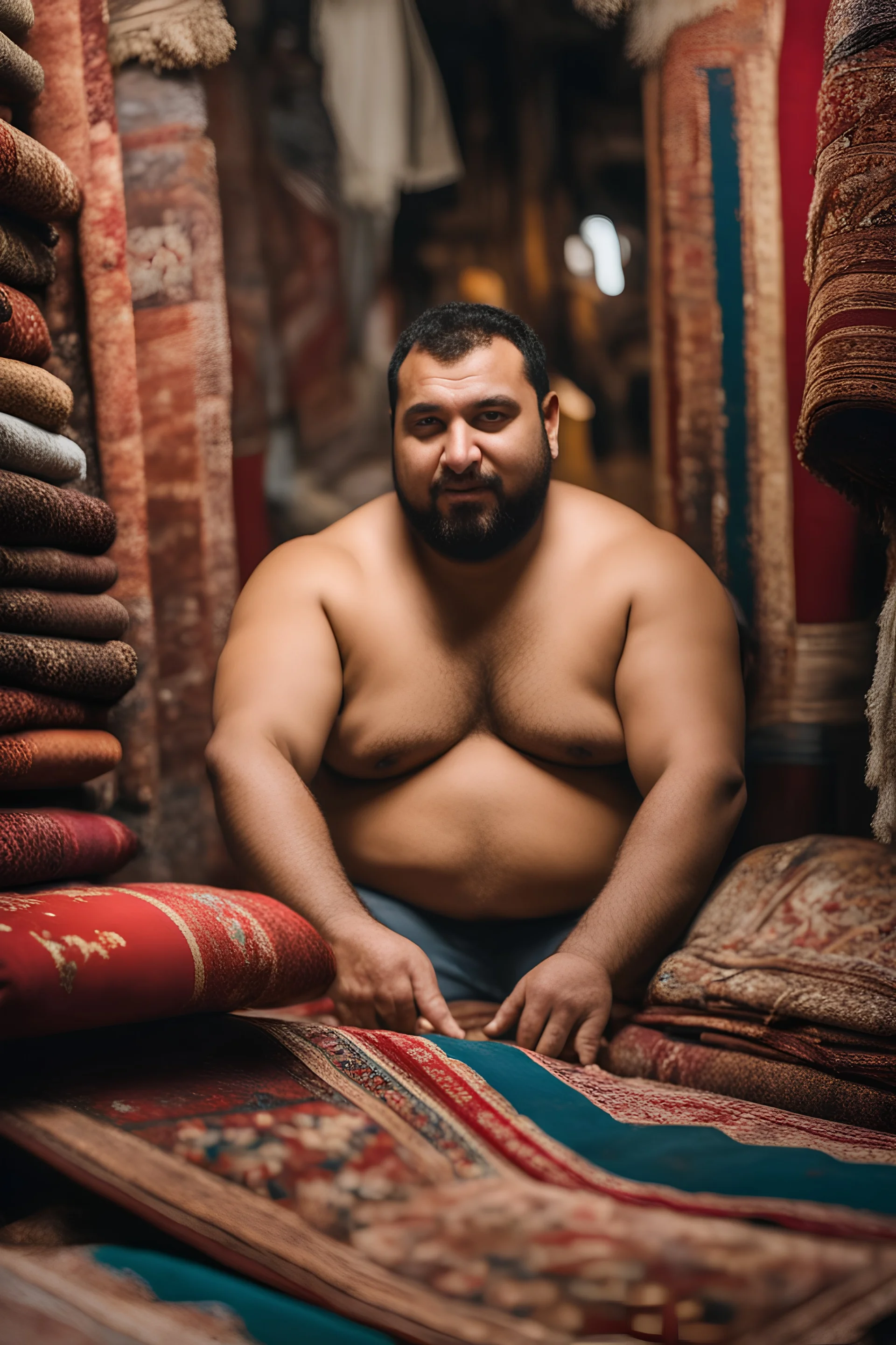 close up photography of a burly chubby strong 35-year-old arab in Istanbul bazaar, shirtless, selling carpets sitting on a pile of carpets, biig shoulders, manly chest, very hairy, side light, view from the ground