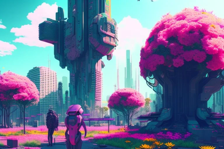 city, flowers, trees, sunny day, spring, sci-fi, cyberpunk influence