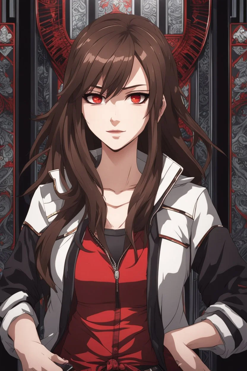 A young woman with pale skin and long brown hair in a modern setting with intricate details. She is wearing casual black and red clothes. She is smirking, has intense red eyes, intimidating presence, high definition. anime style.