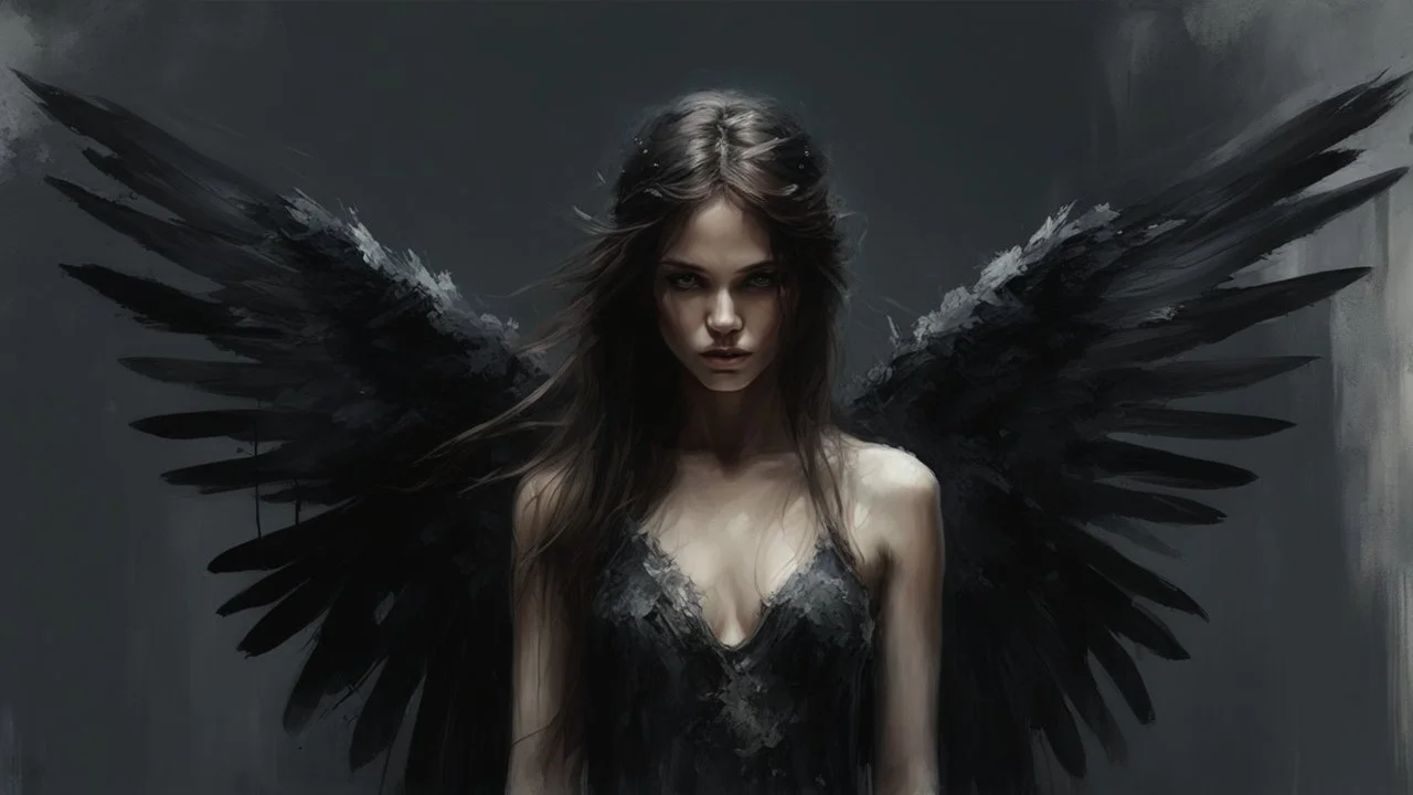 Dark and ethereal, the angel's black wings spread. Each wing carried with it an ancient story, a deep secret that hid in the shadows. cinematic detailed mysterious sharp focus high contrast dramatic volumetric lighting, :: mysterious and dark esoteric atmosphere :: digital matte painting by Jeremy Mann + Carne Griffiths + Leonid Afremov,, dramatic shading, detailed face