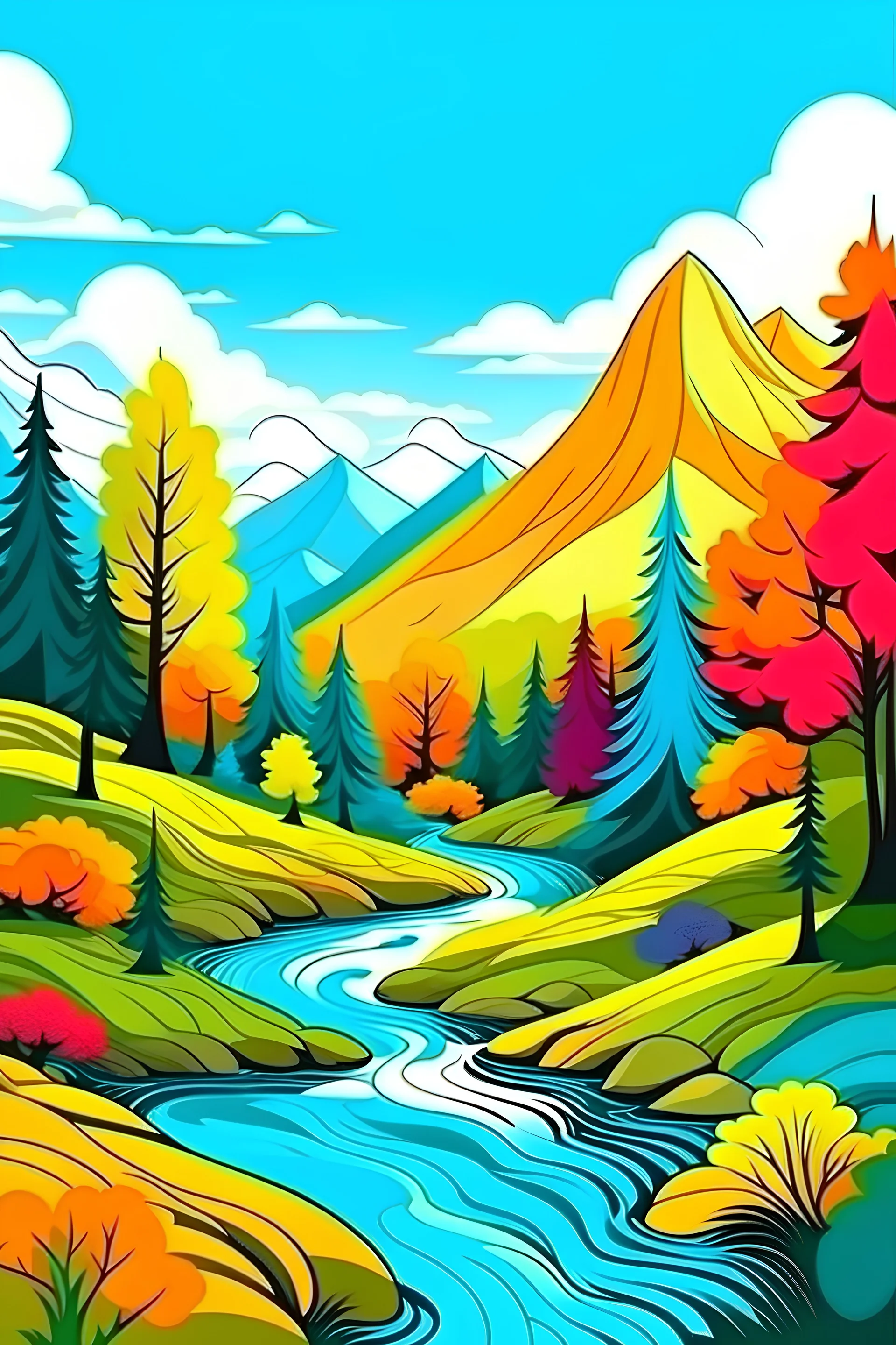 create cover paint,colorful nature landscape with mountains and many trees,stream,style coloring book