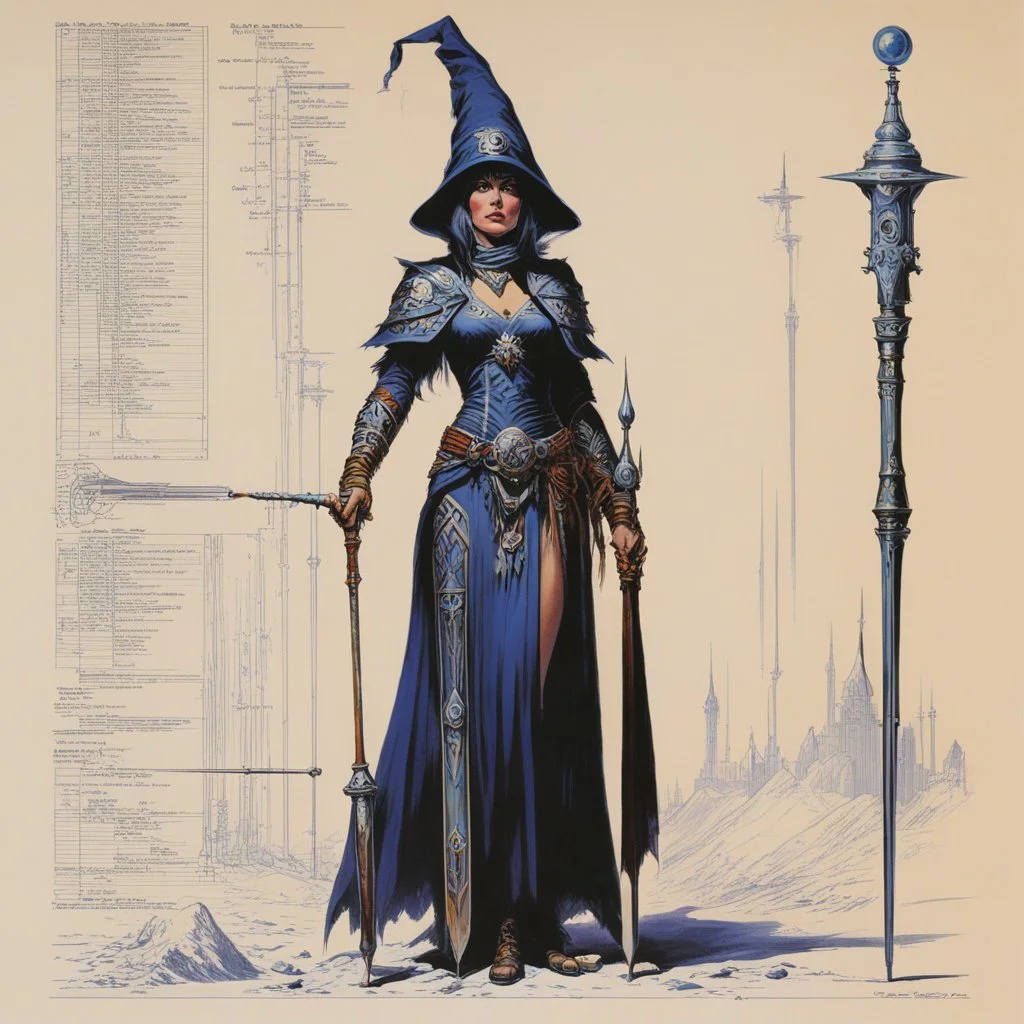 ConceptSheet [by Bruce Pennington]: woman wizard and her long rod with AD&D statistics