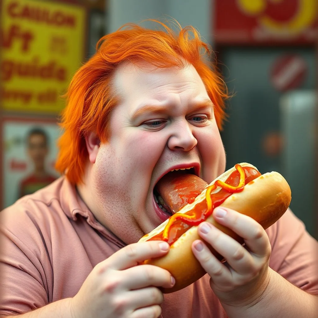 fat man with red hair eating a big hot dog, realistic photo, big mouth open, "Karlsson på taket" vibes