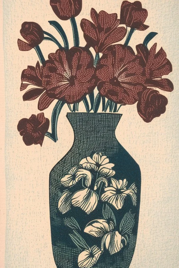 Block print of flowers in a vase