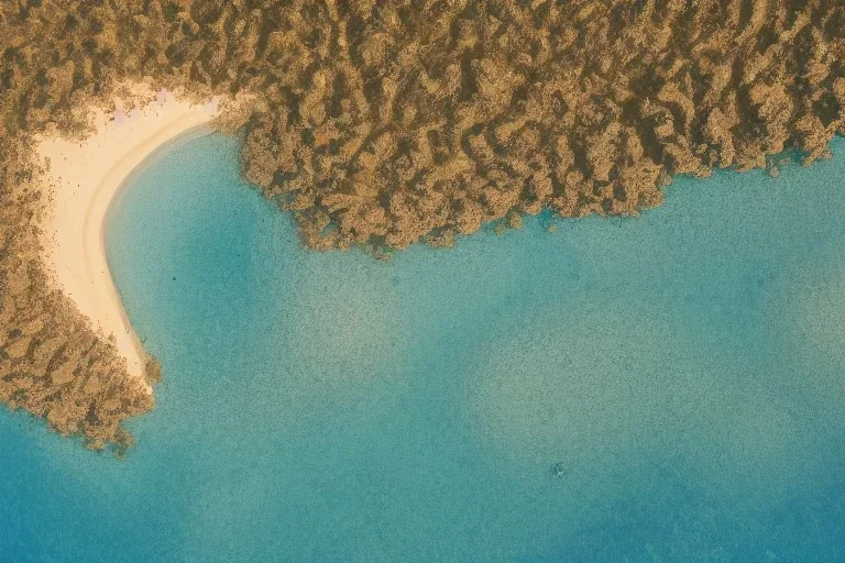 Aerial view of desert island in blue glossy sea