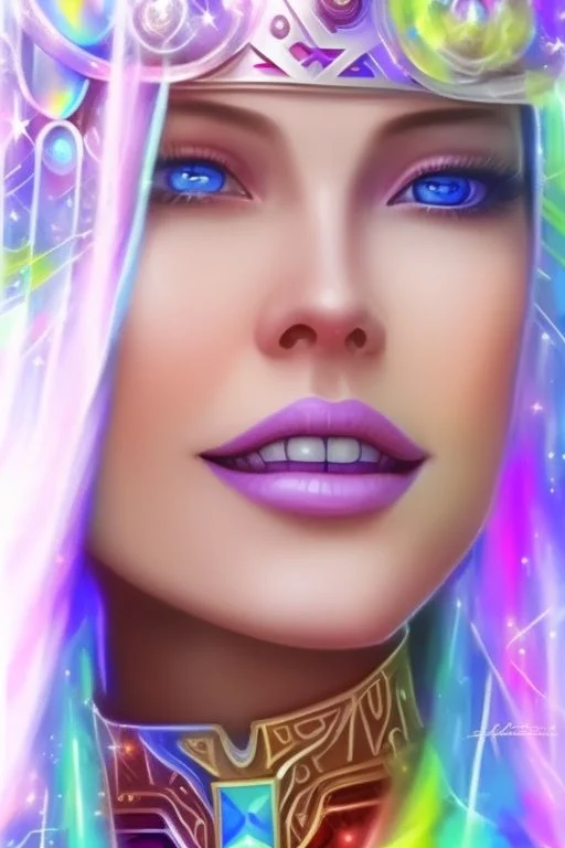 cosmic woman smile, admiral from the future, one fine whole face, crystalline skin, expressive blue eyes,rainbow, smiling lips, very nice smile, costume pleiadian, Beautiful tall woman pleiadian Galactic commander, ship, perfect datailed golden galactic suit, high rank, long blond hair, hand whit five perfect detailed finger, amazing big blue eyes, smilling mouth, high drfinition lips, cosmic happiness, bright colors, blue, pink, gold, jewels, realist, high commander,ufo rainbow