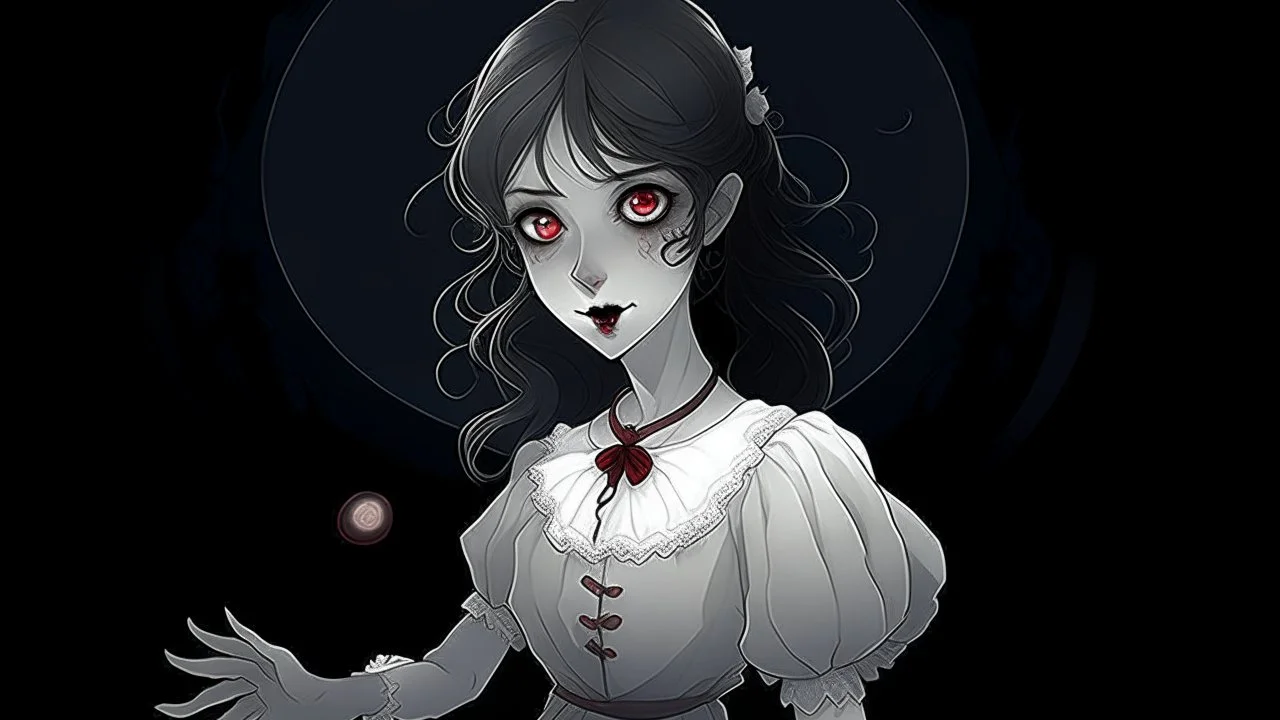 comix style, In the pallid moonlight, a peculiar girl appears - a vampire, her skin a haunting shade of spectral grey, as if she herself were wrought from the lonely heart of a forsaken moon. Cruel rubies are set into her eyes, glowing with ominous liveliness against her lifeless pallor. Blood, a sinister accompaniment to her form, the colour of garnet, seems to drip off her like a macabre jewel, casting a chilling aura of dangerous enchantment about her.