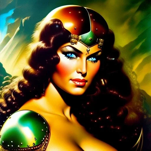 portrait oil on canvas, beautiful busty female Barbarian Warrior,green eyes, ,minimal armor,comic book cover, mystical colors,insanely detailed,realistic,intrincate detail, 16k resolution, masterpiece,Frank Frazetta,Alex Horley, Simon Bisley