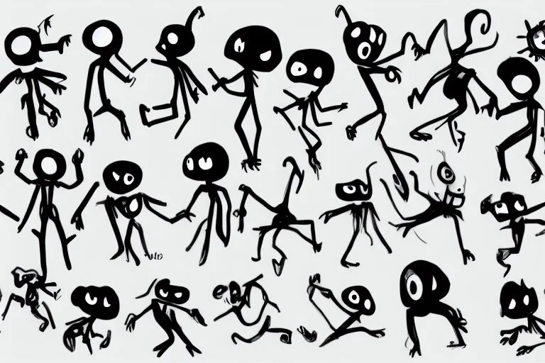 make a bunch of simple hand-drawn spooky and cute cartoon characters with bodies arms, and legs I could draw and make them all different