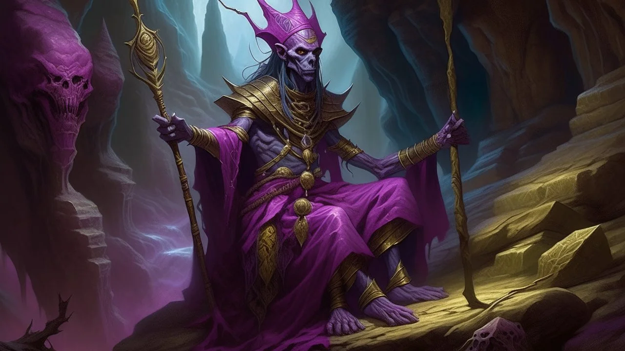 Large, seated, otherworldly figure, with elongated limbs and ornate purple and magenta attire, holding a dark staff. The figure is adorned with tribal-style necklaces and pendants, including a prominent purple amulet. The creature's face is stern and ancient, with pronounced features. It sits in a rocky, cave-like environment. The background is a hazy, light yellow-green that gradually transitions to an intense, almost fluorescent yellow-green against a rough, textured wall/surface. The