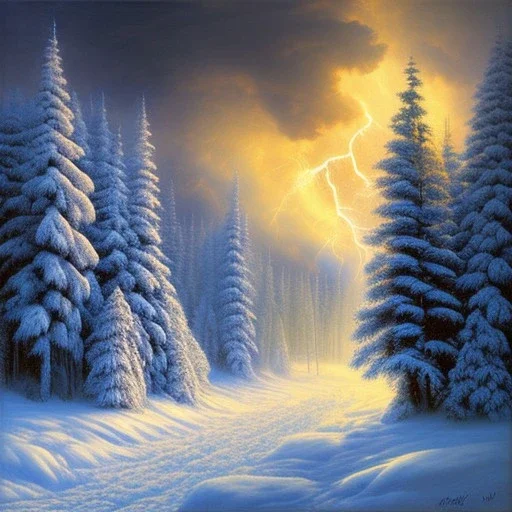 winter landscape with big moose and blue storm clouds and lightening