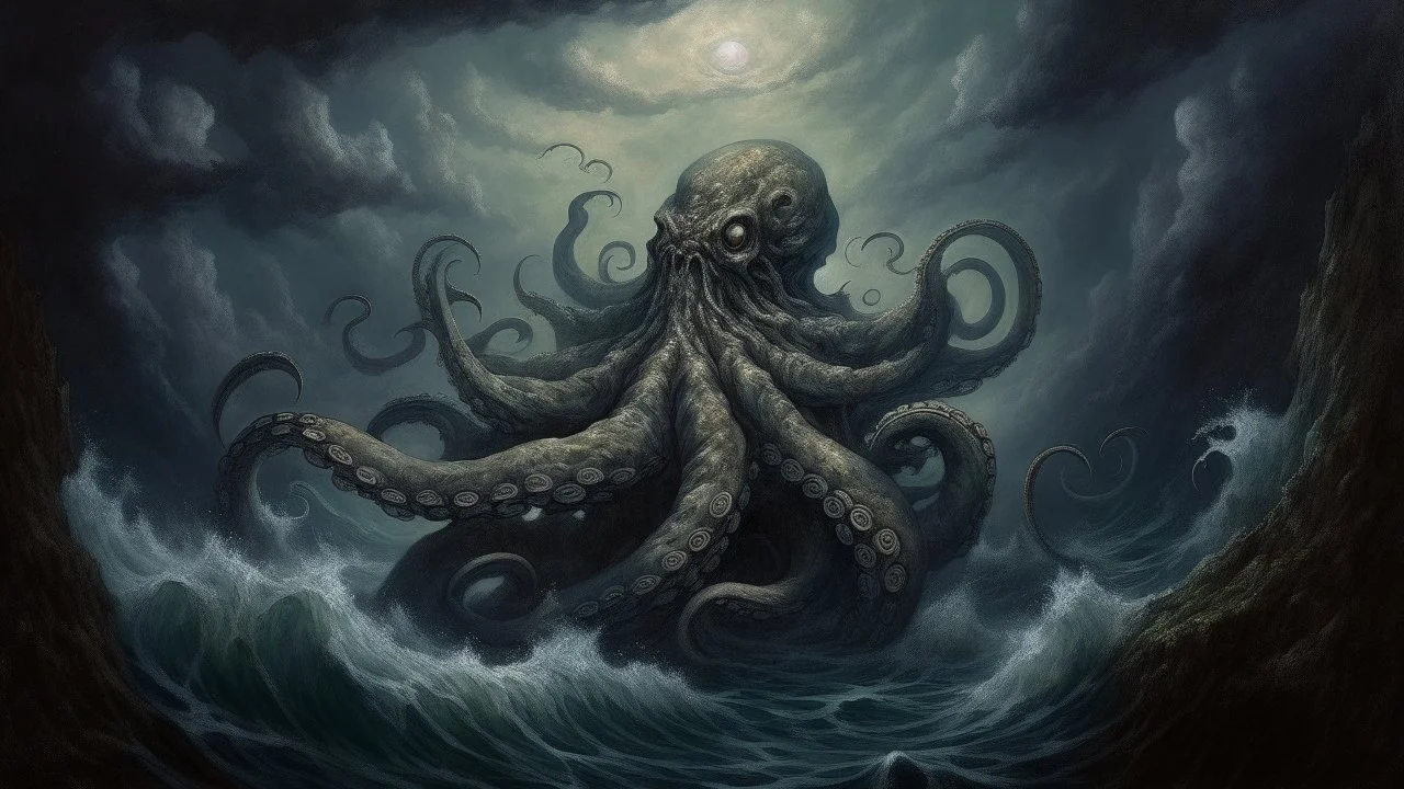 Realistic oil painting of a giant kraken emerging from the depths of the ocean, dark and stormy atmosphere, intricate details on tentacles and texture of water, by Hokusai Katsushika or Gustave Doré.