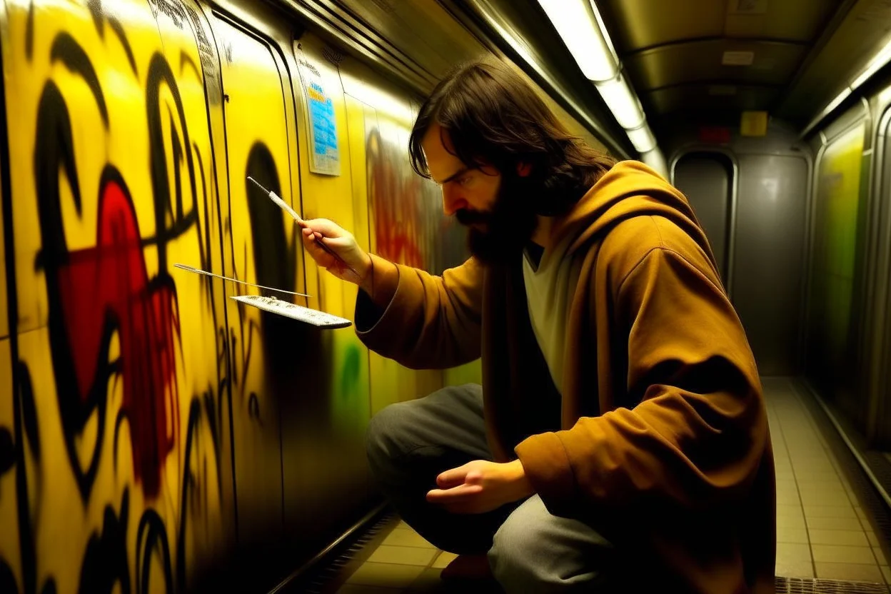 Jesus Christ is Writing the text: "KEBAB BROTHERS" using a spray can in the subway