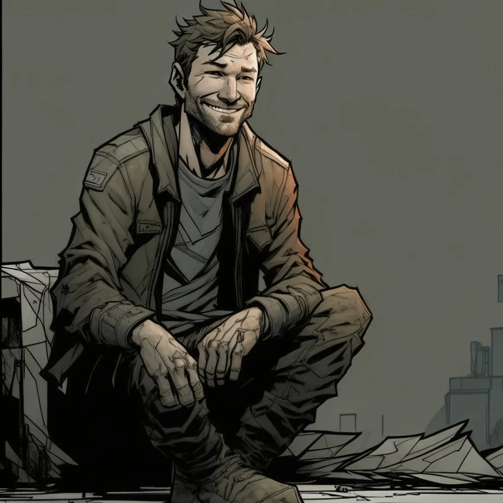 man, ethan hawk, sitting, smiling, comic book, post-apocalypse, grey background, illustration,