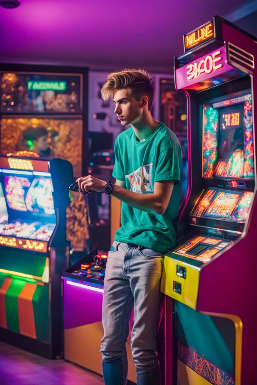 a millineal teenage boy is playing video arcade games, bright colored clothes from the 90s, hairstyles of that time