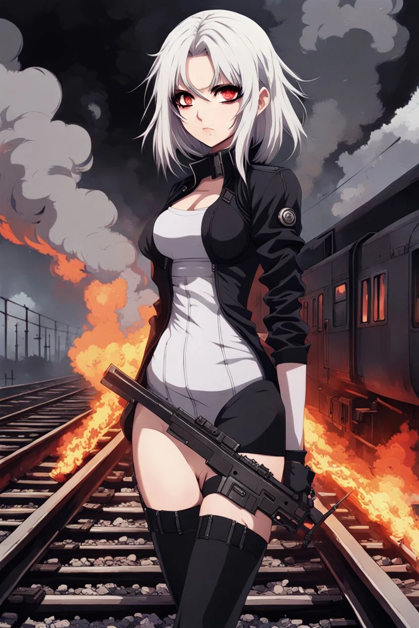 close-up gothic anime girl, white hair, tight outfit with gun on thigh, standing on a train track, smoke and fire surroundings, she is dull and dark, looks determined , train approaching behind her, anime manga style