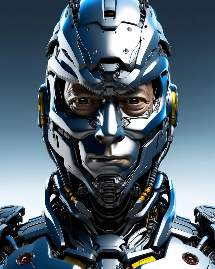 Cyborg armor with helmet on head serious face