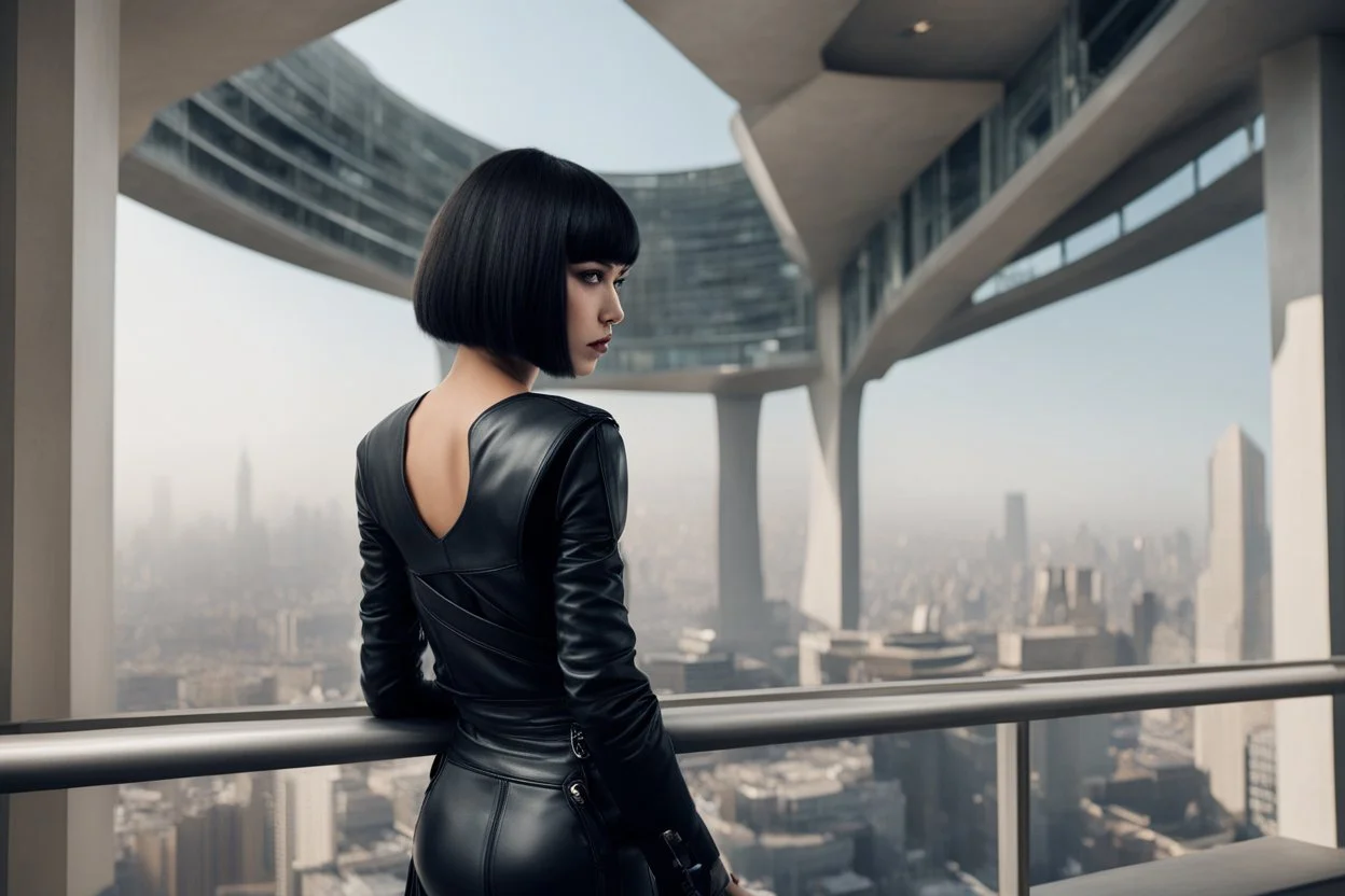 girl wearing black leather, shoulder-length bob, with fringe, in a science fiction building leaning over a balcony, looking at a large city