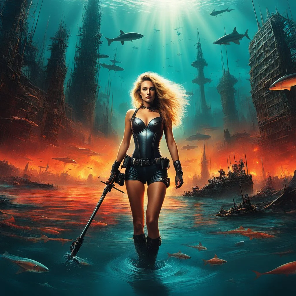 Barbarella, a fishing rod in hand, stands in murky waters of a post-apocalyptic underwater city. surreal scene , dreamlike, metropolis submerged in chaos , blood and danger. in the sunsets she stands with a fierce sense of power, surrounded by circling sharks. The sharks' teeth moving in the light, add to the tension. weirder the better. Bigger monsters. Stronger hero