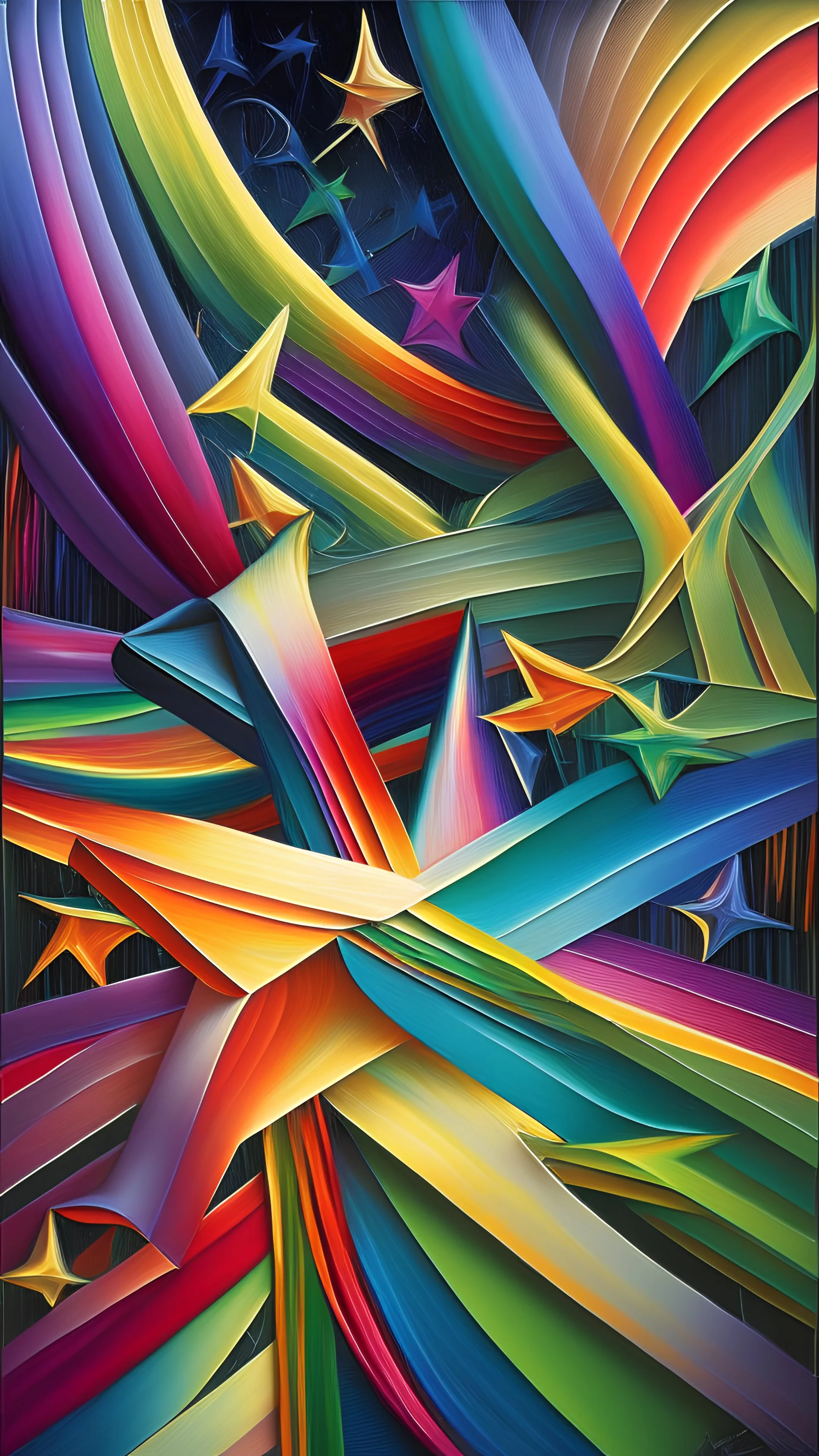 Ribbons stars abstract rainbow iridescent painting