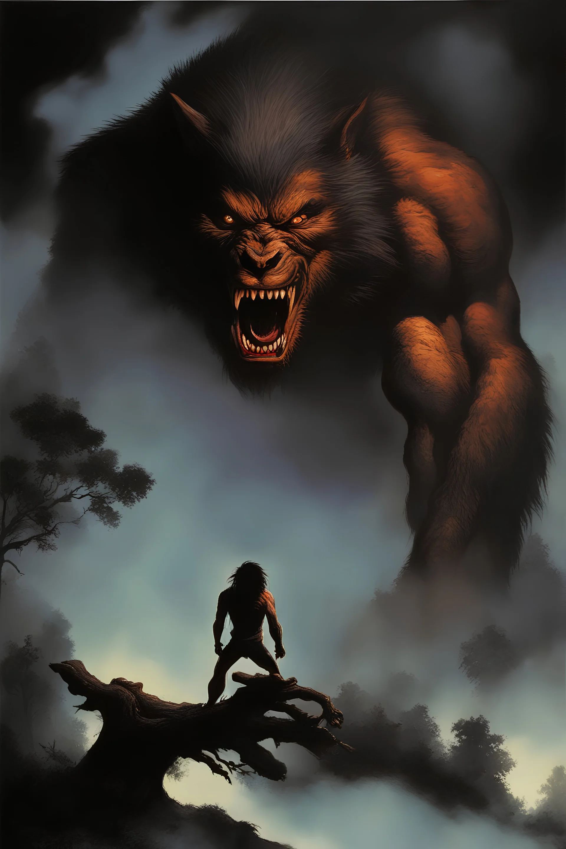 "Double Exposure" {{{{paul stanley full color oil painting art by Alex Ross, fog and clouds rising in the foreground}}}}. {{{{A giant werewolf roaming the woods at night, oil painting art by frank frazetta}}}}