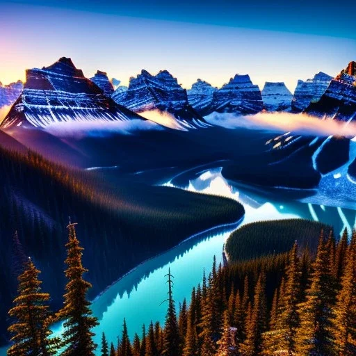 Banff National Park, Alberta,aerial view,extremely detailed digital painting, high resolution,8k, realistic, beautiful, volumetric lighting, mystical colors ,perfectly centered image, perfect composition, rim light, beautiful lighting,masterpiece, stunning scene, raytracing, anatomically correct, in the style Van Gogh and robert e howard and Ken Kelley and Ohrai Noriyoshi and Simon Bisley and tomzj1.