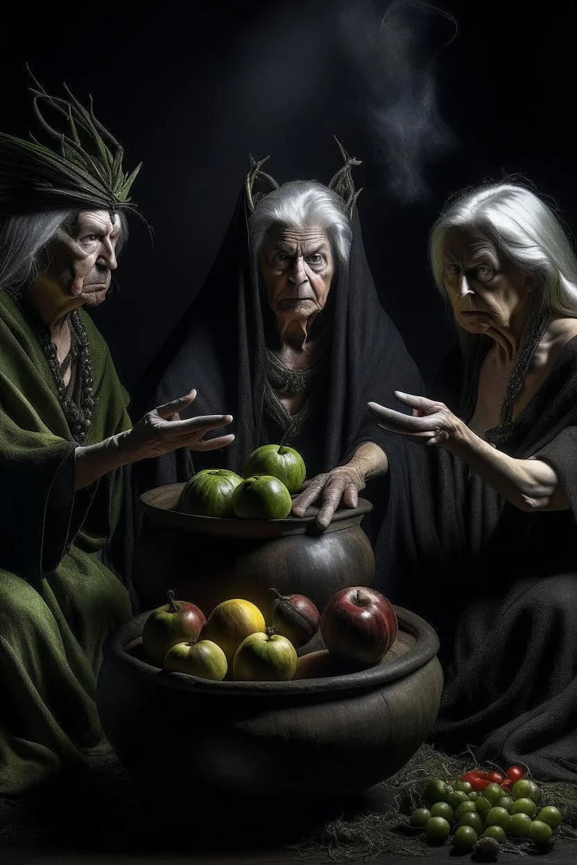 The three witches from macbeth sitting around a streaming cauldron, the one on the left dressed as lady macbeth offering a crown, the middle one dressed as a Spanish gypsy offering herself and the one on the right, naked apart from a fig leaf, is holding out an apple