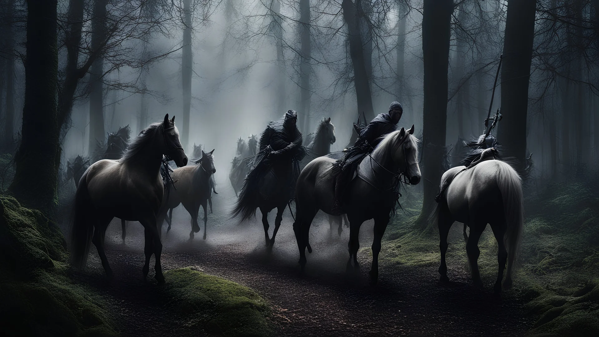 ral-mythcr, wild hunt, mythical creature, a photorealistic image of the Wild Hunt, a dramatic and mystical scene set in a dark, foreboding forest, the scene features ghostly figures on horses