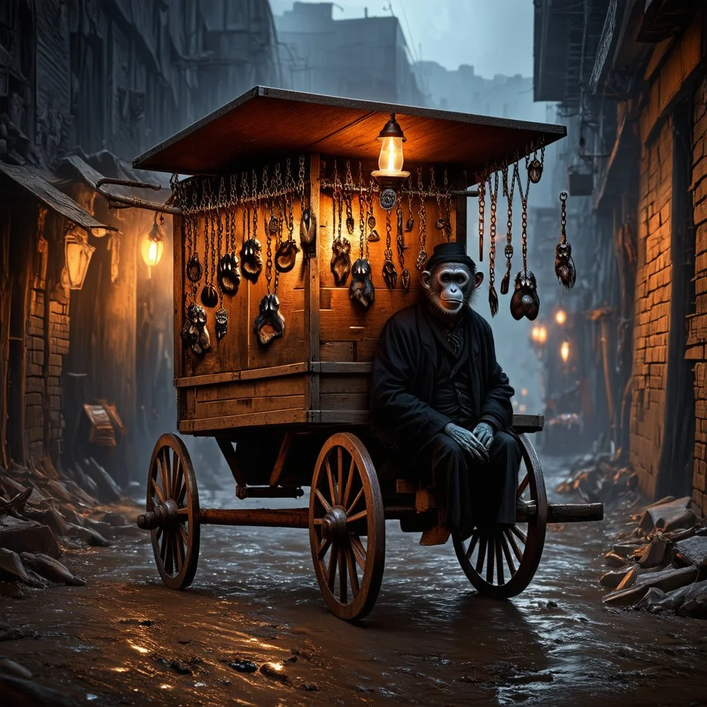 dark fantasy, creepy old which who is selling dark art withered monkey paw charms hanging from a bar on a large wooden peddler's cart on a muddy street in a fantastical city slum, volumetric lighting from a torch attached to the crone's trinket cart, foreboding, matte oil painting masterpiece