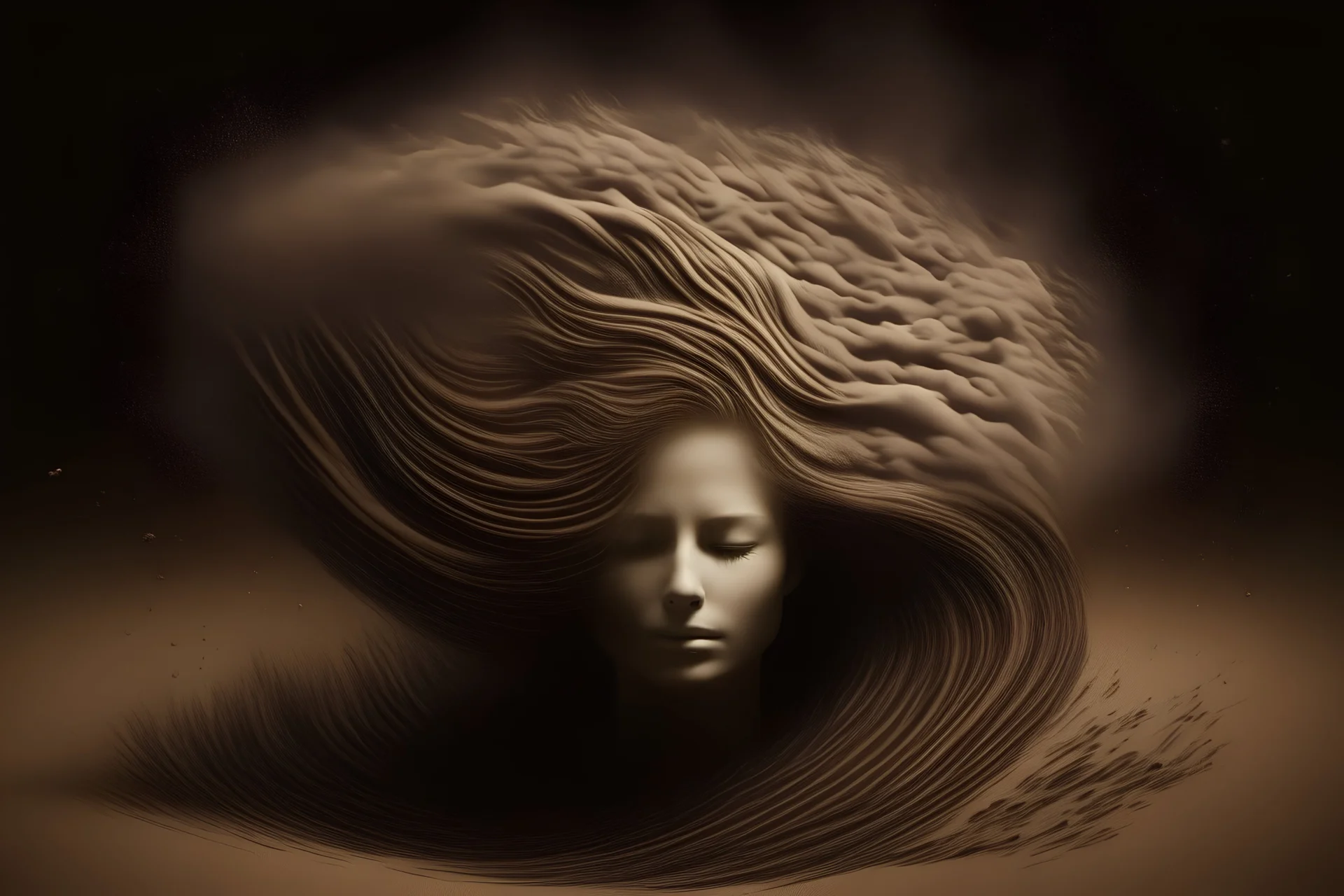 woman [explode | dissolve | merge | disintegrate] into swirls of sand